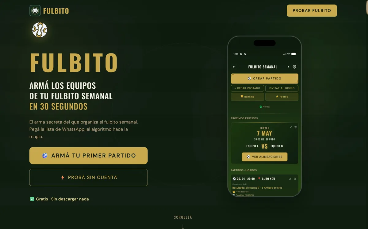 Fulbito — armá los equipos de tu fulbito semanal en 30 segundos