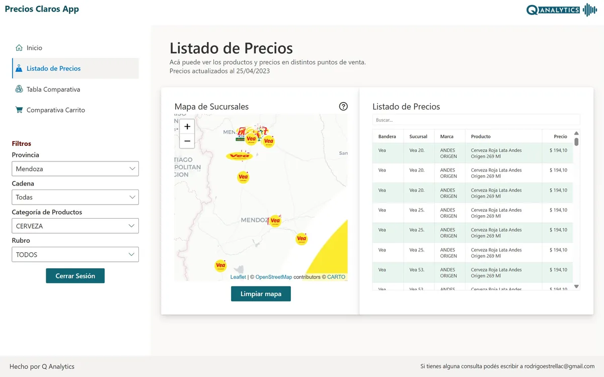 Precios Claros App — mapa de sucursales y listado de precios